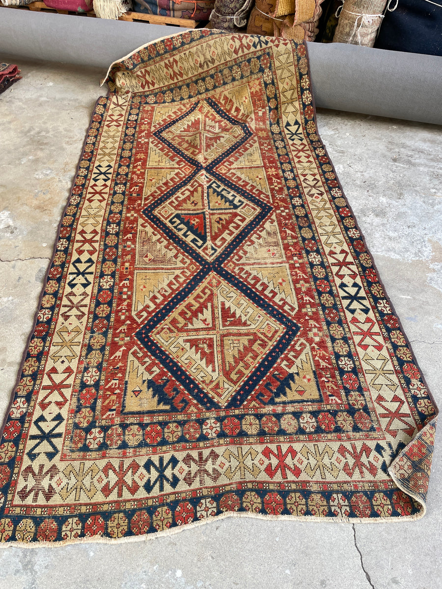 R1003 vintage handmade Caucasian area rug 3’4” x 3’7”