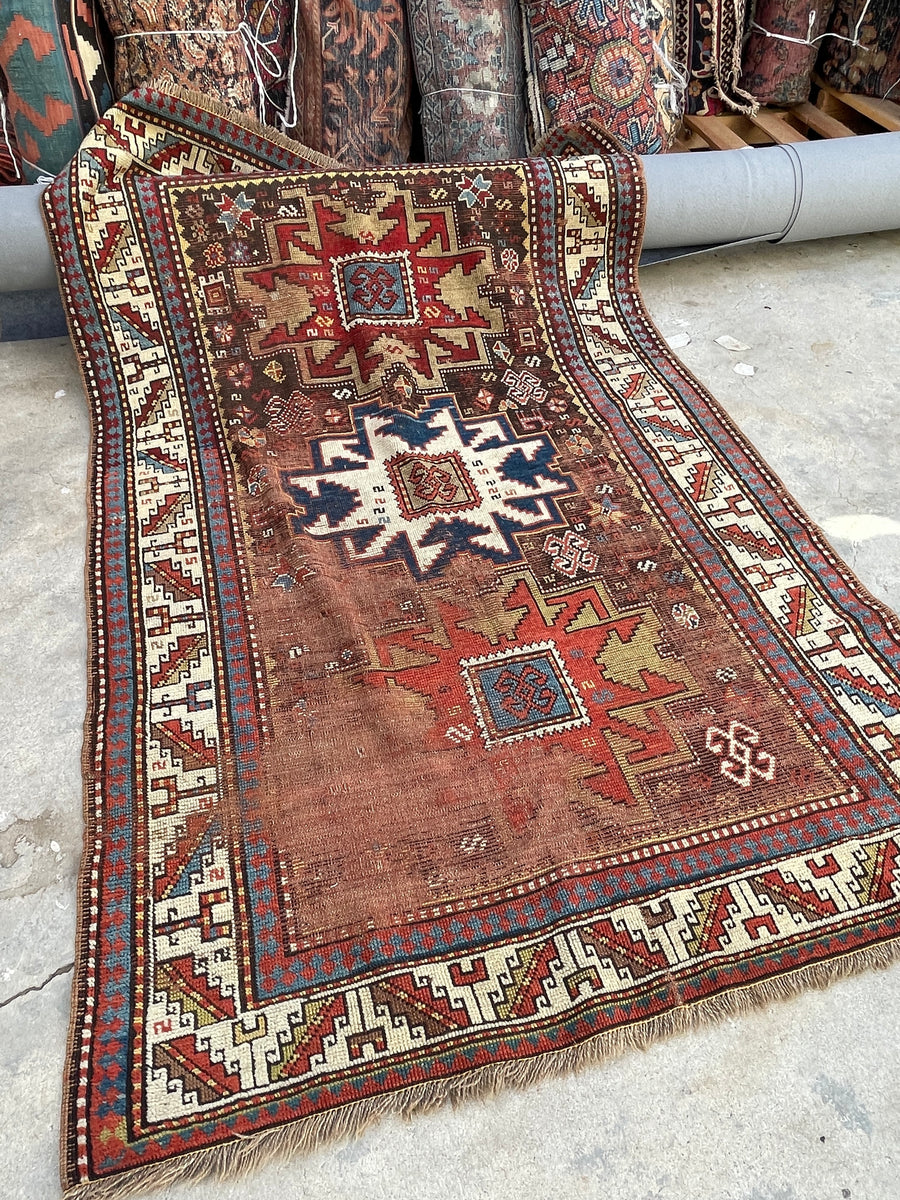 SHULAVER KAZAK ANTIQUE RUG 4'2 X 7'5