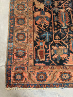 9x11 Antique Persian Heriz Rug / Tribal Persian Rug With Navy Blue and Coral #3474