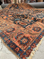 9x11 Antique Persian Heriz Rug / Tribal Persian Rug With Navy Blue and Coral #3474