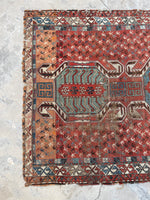 4x5 Distressed Tribal Rug / Antique Caucasian Rug #2497