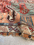 4x5 Distressed Tribal Rug / Antique Caucasian Rug #2497