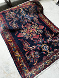 Square Navy Floral Persian Rug / 3'8 x 4'6 Antique Lilihan Rug #3656