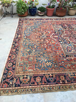 9’7 x 11’ Antique Heriz with french blue corners - Blue Parakeet Rugs