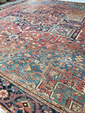 9’7 x 11’ Antique Heriz with french blue corners - Blue Parakeet Rugs