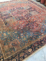 9’7 x 11’ Antique Heriz with french blue corners - Blue Parakeet Rugs