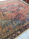 9’7 x 11’ Antique Heriz with french blue corners - Blue Parakeet Rugs