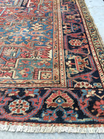 9’7 x 11’ Antique Heriz with french blue corners - Blue Parakeet Rugs