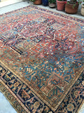 9’7 x 11’ Antique Heriz with french blue corners - Blue Parakeet Rugs